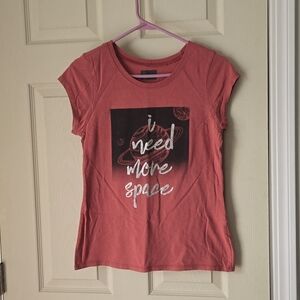 Space T-shirt, salmon, labeled Large but fits more like a medium. Brand unk.